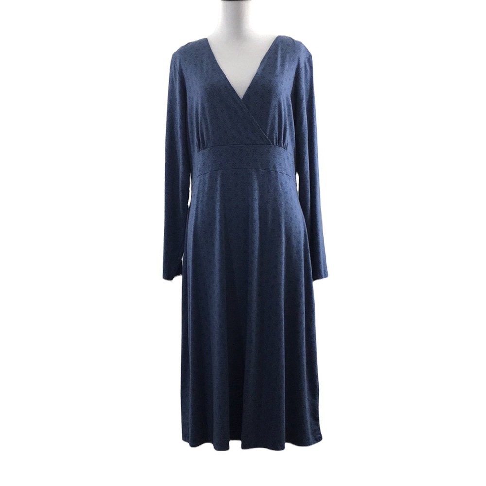 L.L. Bean Blue Floral Surplice Faux Wrap Midi Dress Womens Large Long Sleeve
